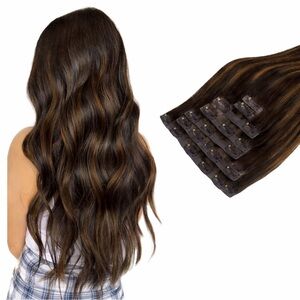 20” 100% Human Hair Clip-In Extensions 7PCS Dark Brown with Warm Highlight